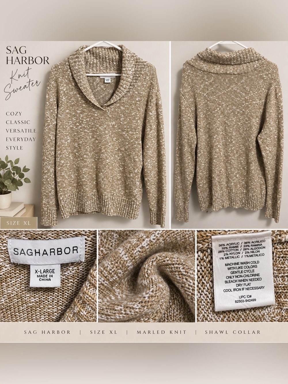 Sag Harbor Shawl Collar Knot Sweater in Tan and Cream. XL.
